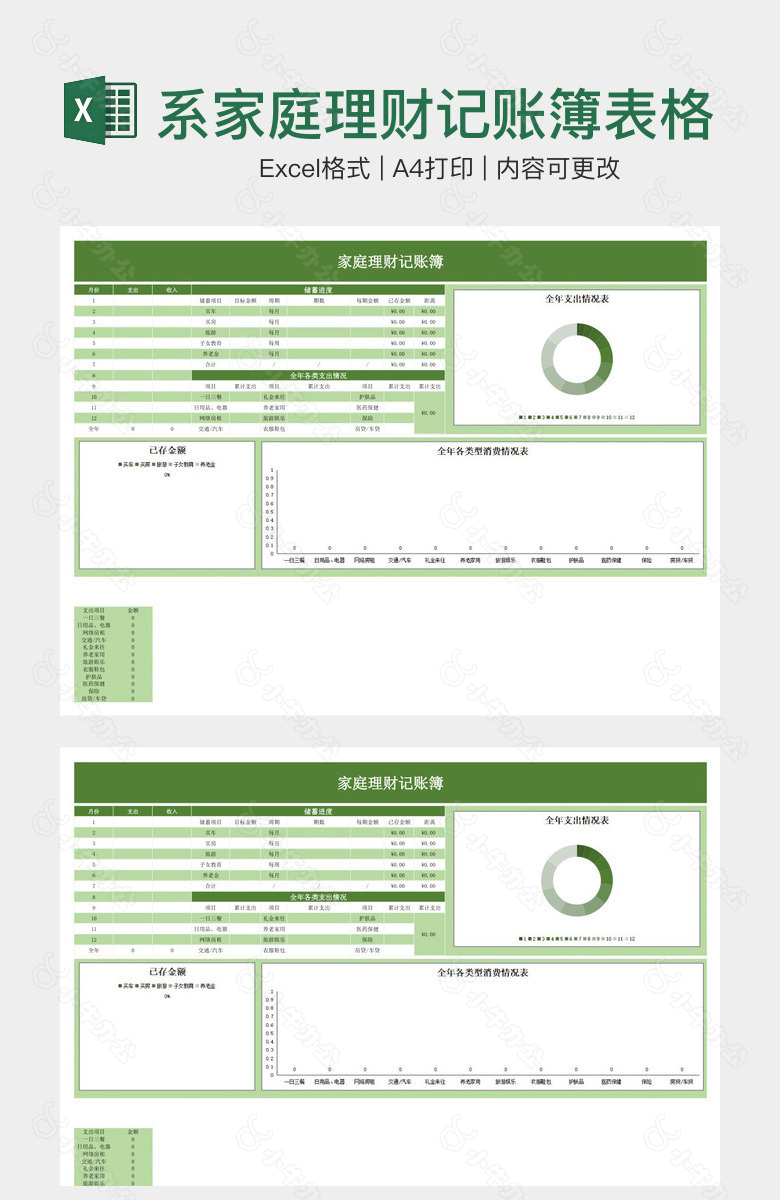 实用绿色系家庭理财记账簿表格