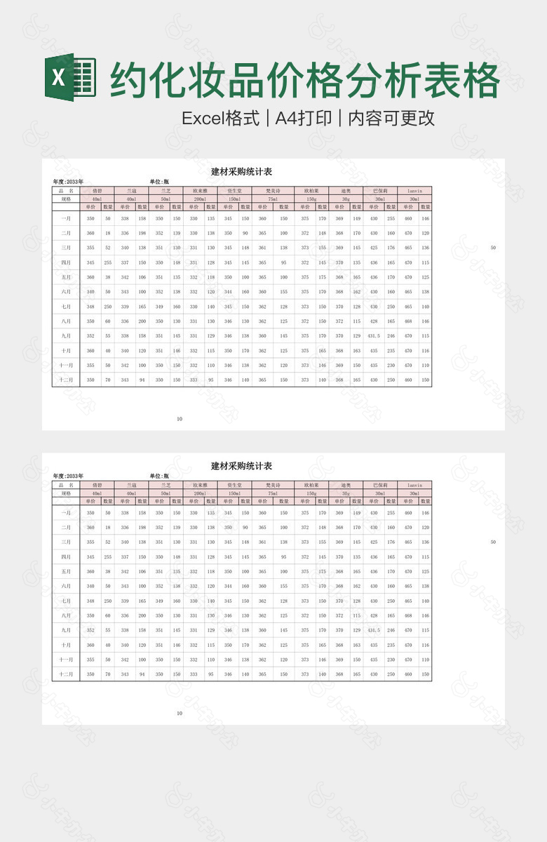 简约化妆品价格分析表格