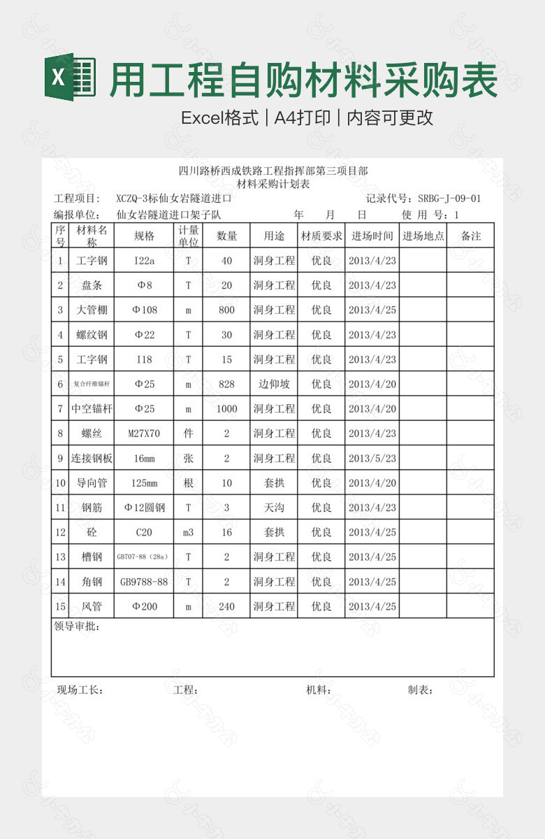 简洁实用工程自购材料采购表