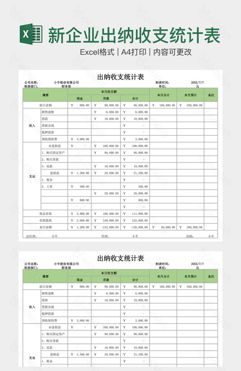 浅绿小清新企业出纳收支统计表