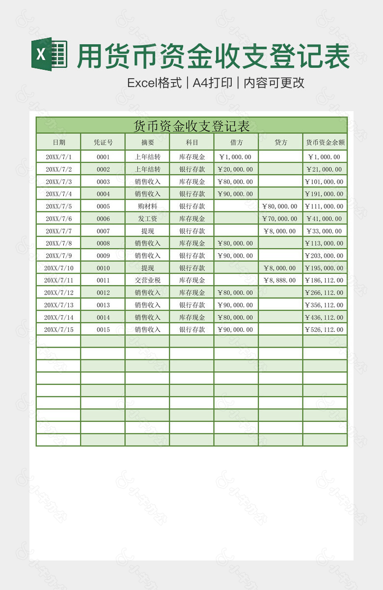 绿色系实用货币资金收支登记表