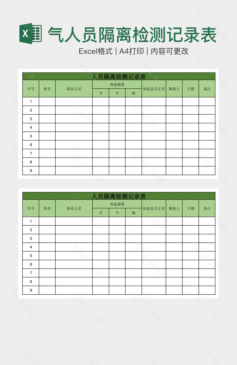 实用大气人员隔离检测记录表