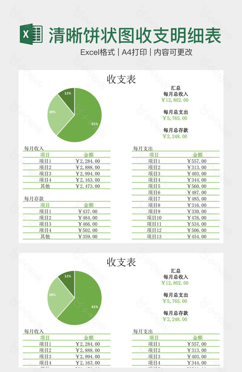 简约清晰饼状图收支明细表