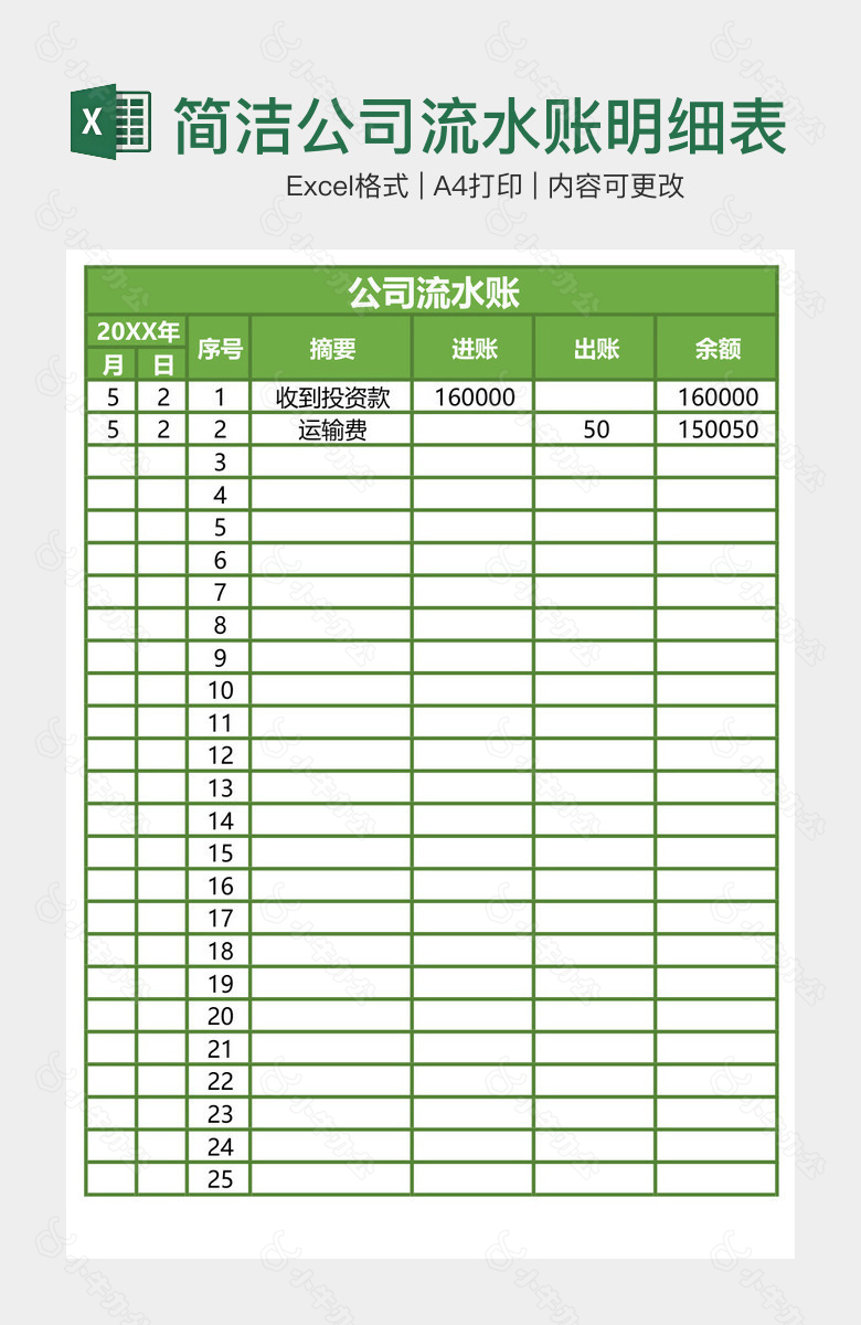 绿色系简洁公司流水账明细表