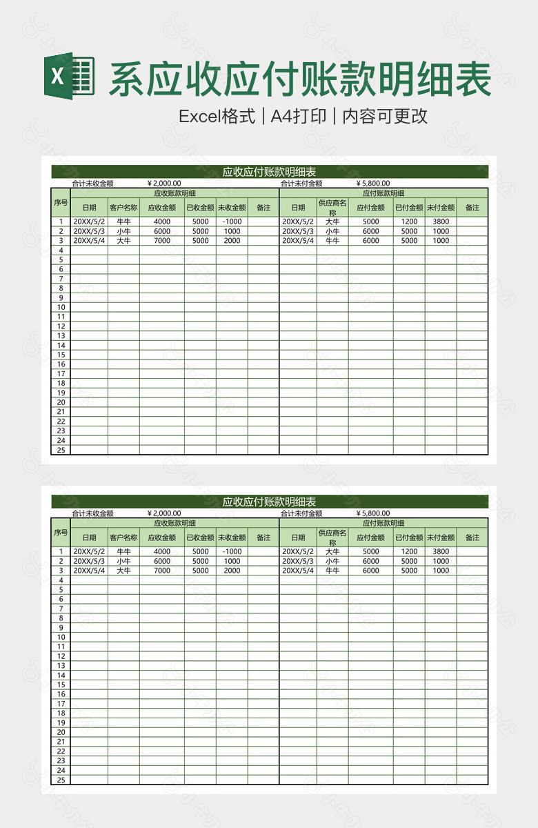 精美绿色系应收应付账款明细表
