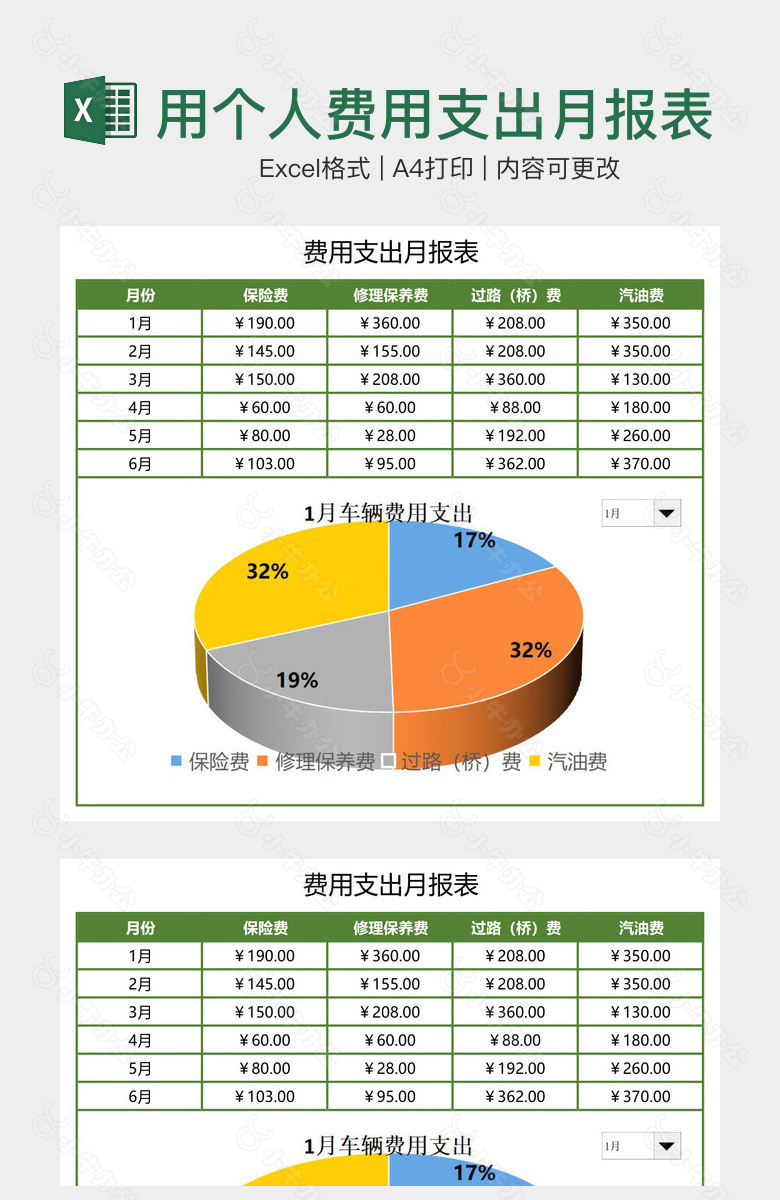 清晰实用个人费用支出月报表