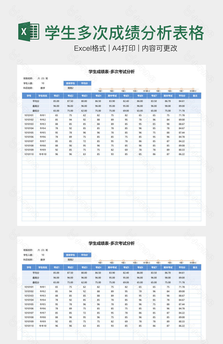 简洁清晰学生多次成绩分析表格