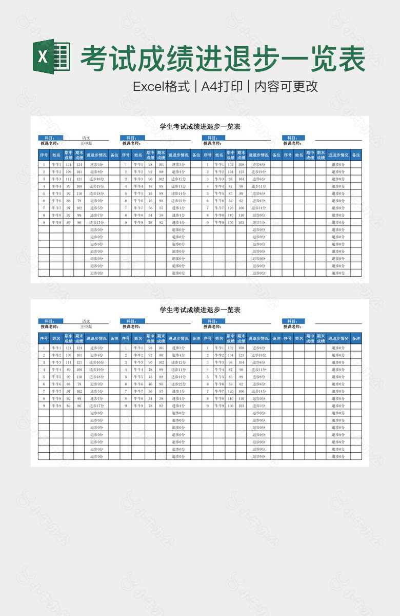 蓝色大气学生考试成绩进退步一览表