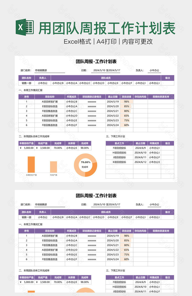 紫色系实用团队周报工作计划表