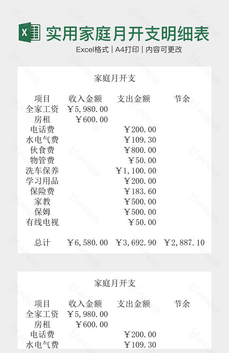 经典黑白实用家庭月开支明细表