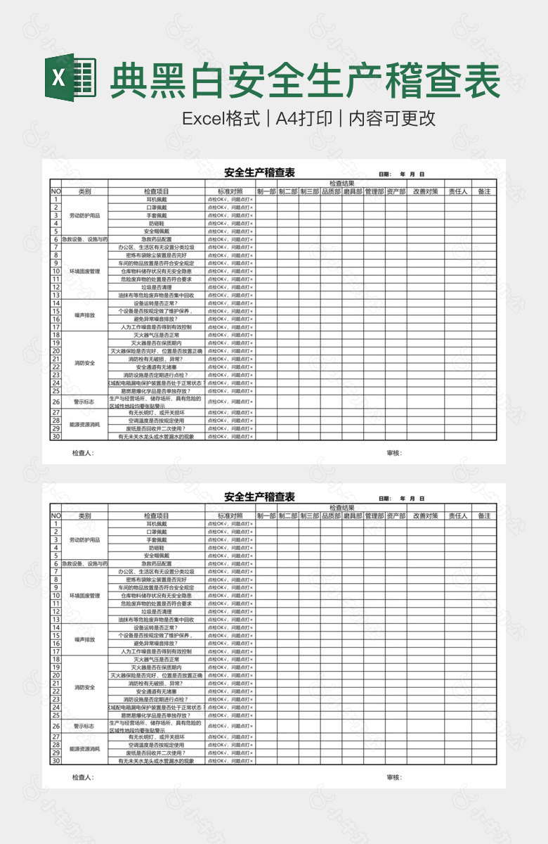 经典黑白安全生产稽查表