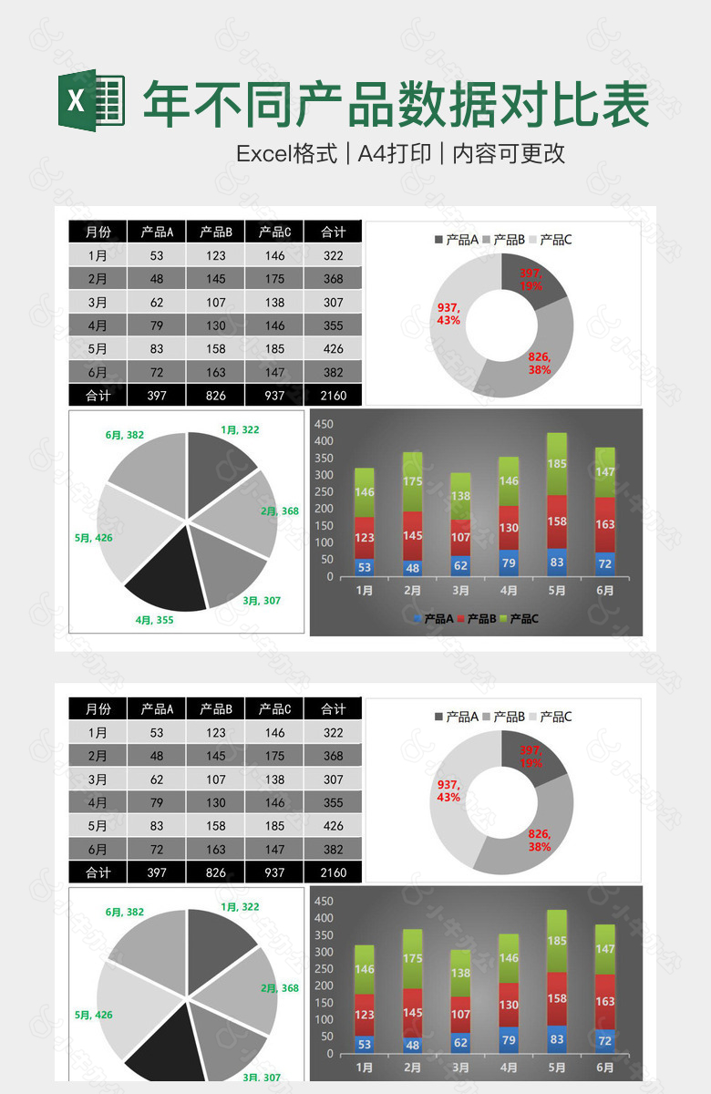 灰色商务风半年不同产品数据对比表
