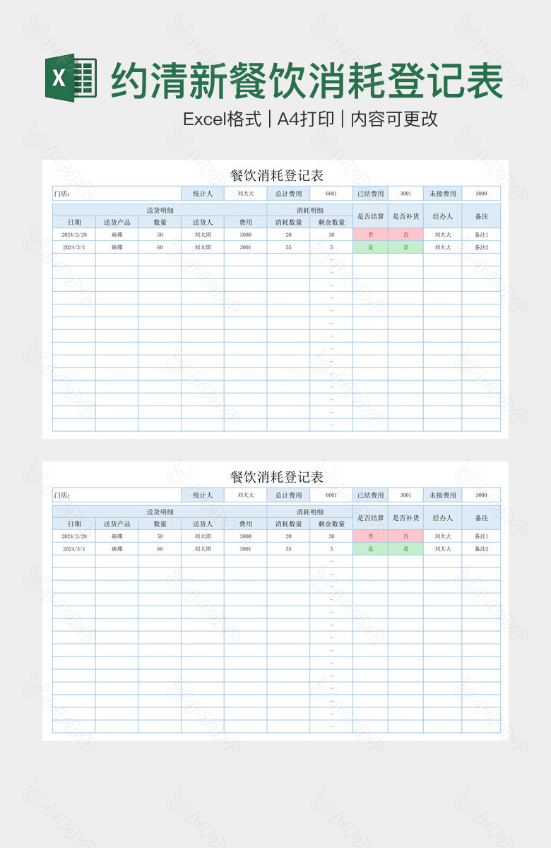 简约清新餐饮消耗登记表