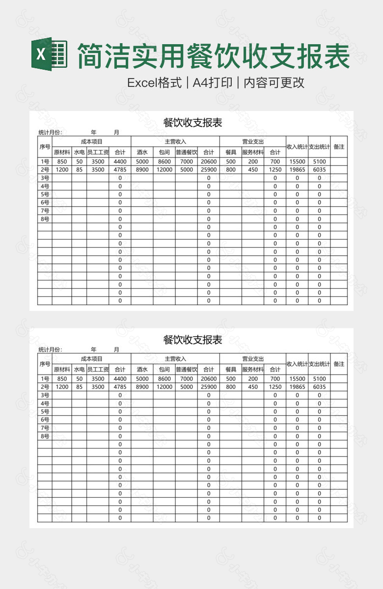 简洁实用餐饮收支报表