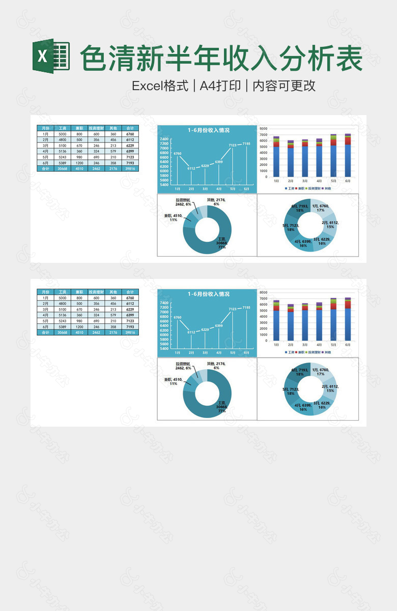 蓝色清新半年收入分析表