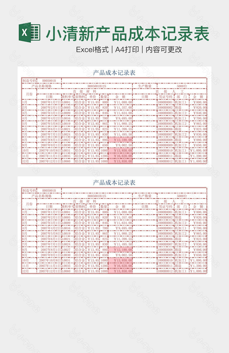 粉色小清新产品成本记录表