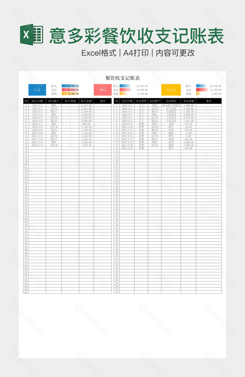 创意多彩餐饮收支记账表