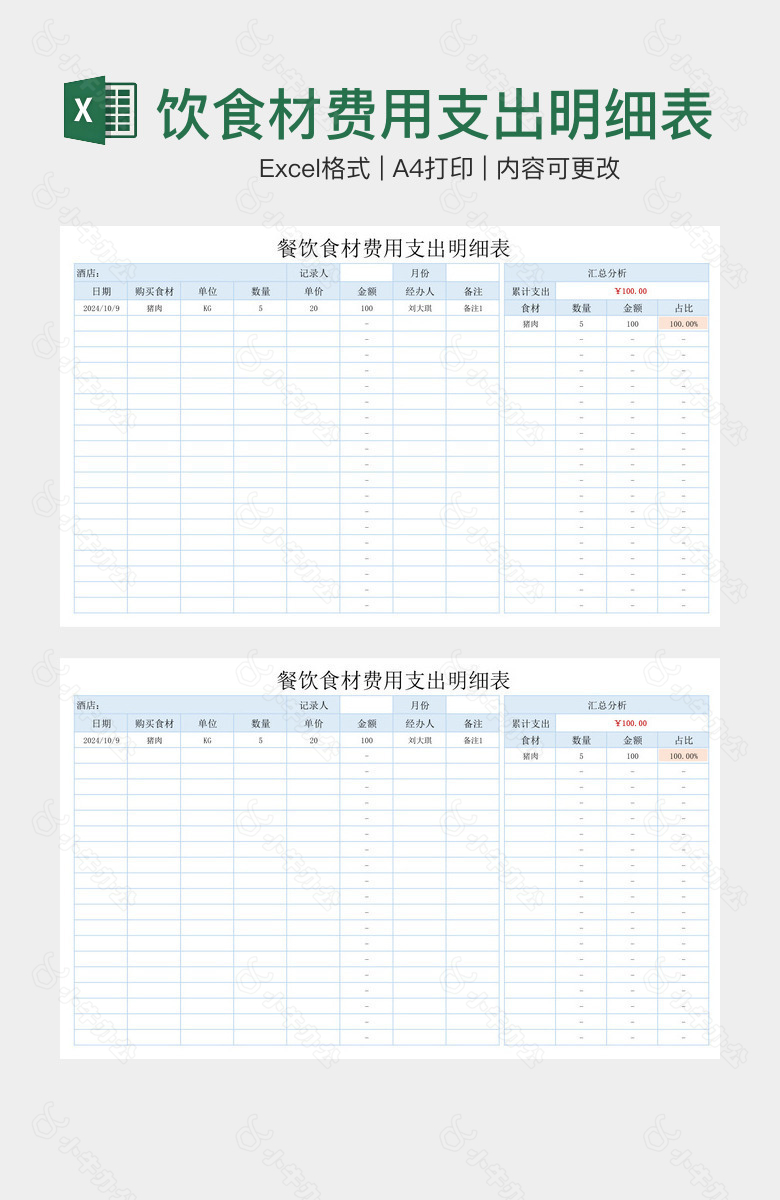 浅蓝餐饮食材费用支出明细表