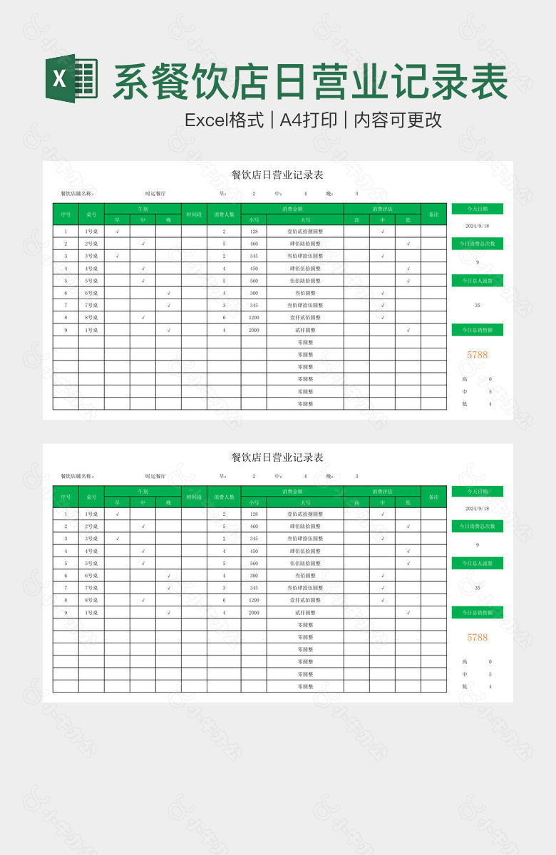 绿色系餐饮店日营业记录表