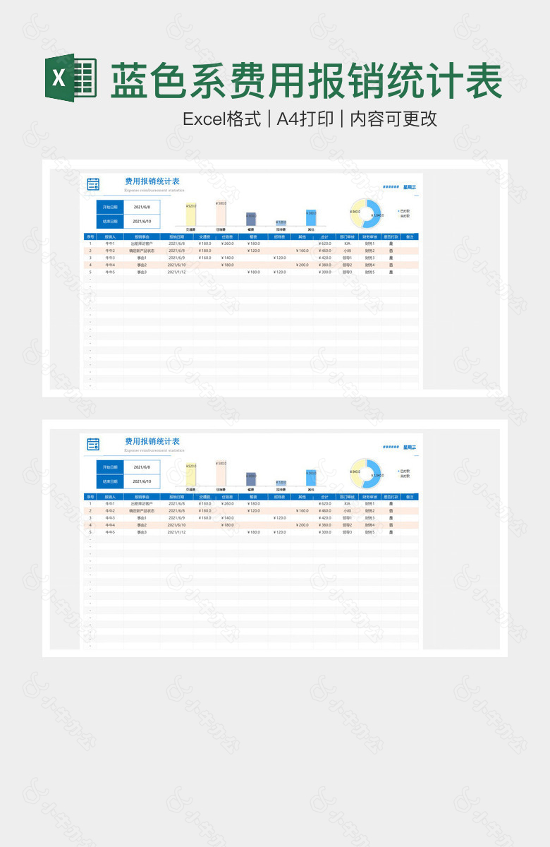 精美蓝色系费用报销统计表