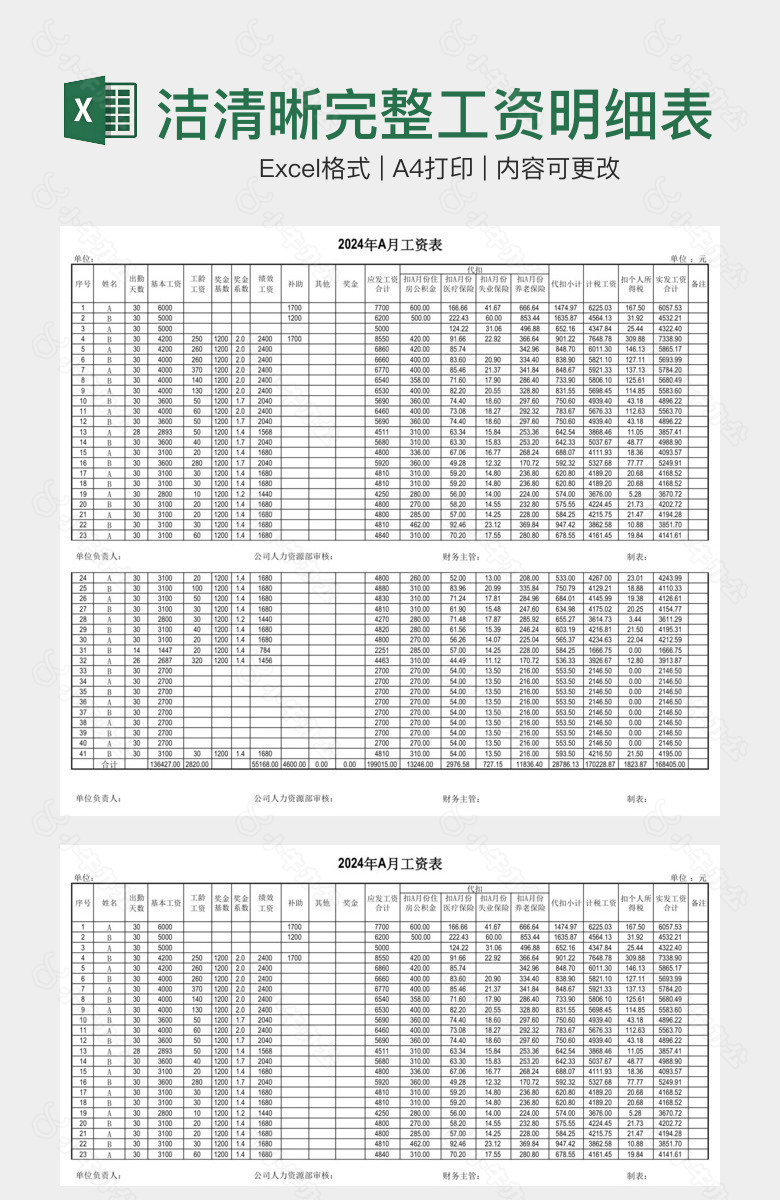 简洁清晰完整工资明细表