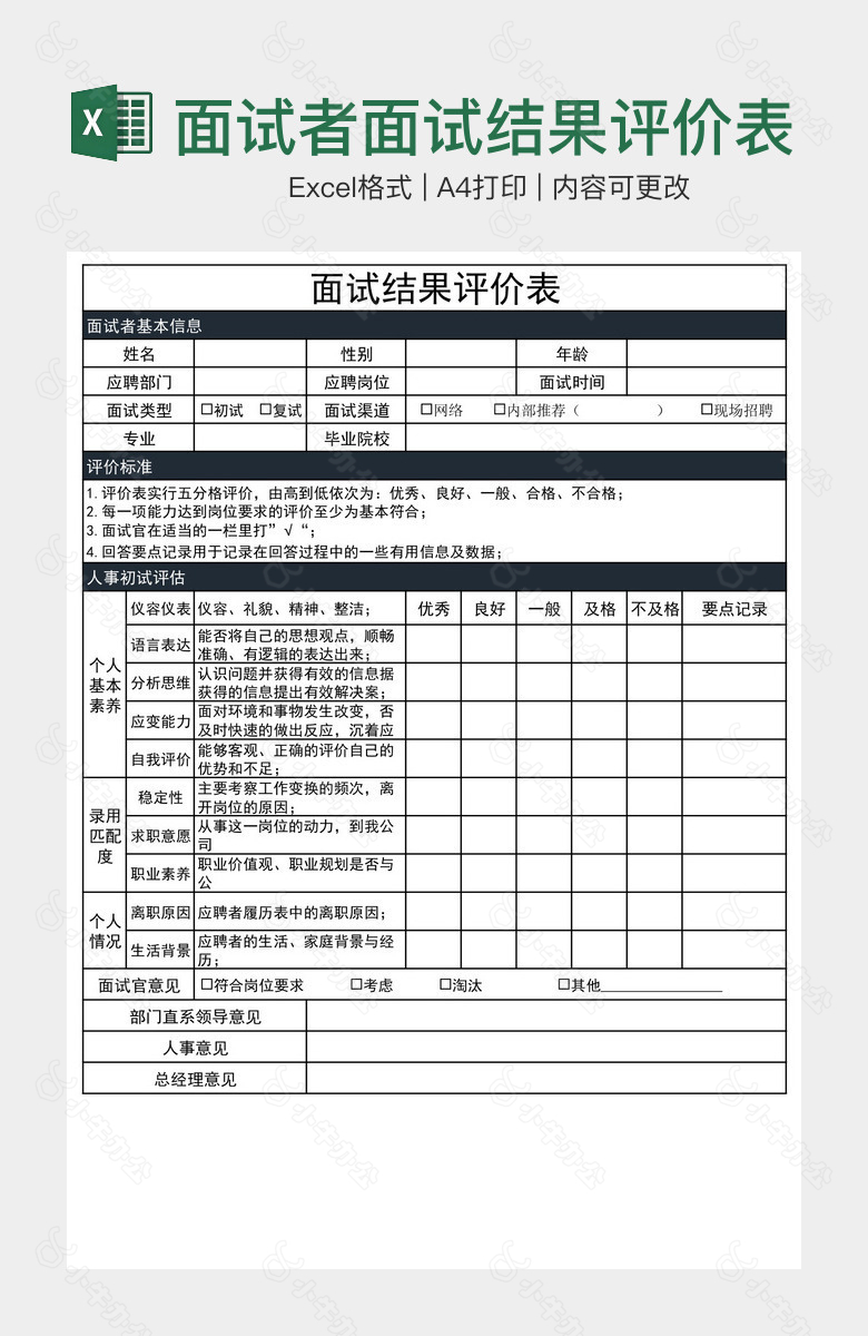 稳重大气面试者面试结果评价表