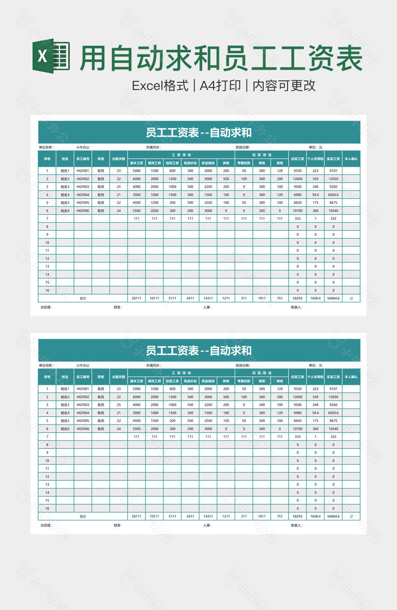 实用自动求和员工工资表