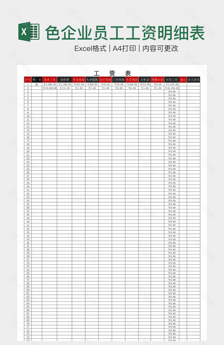 黑红撞色企业员工工资明细表