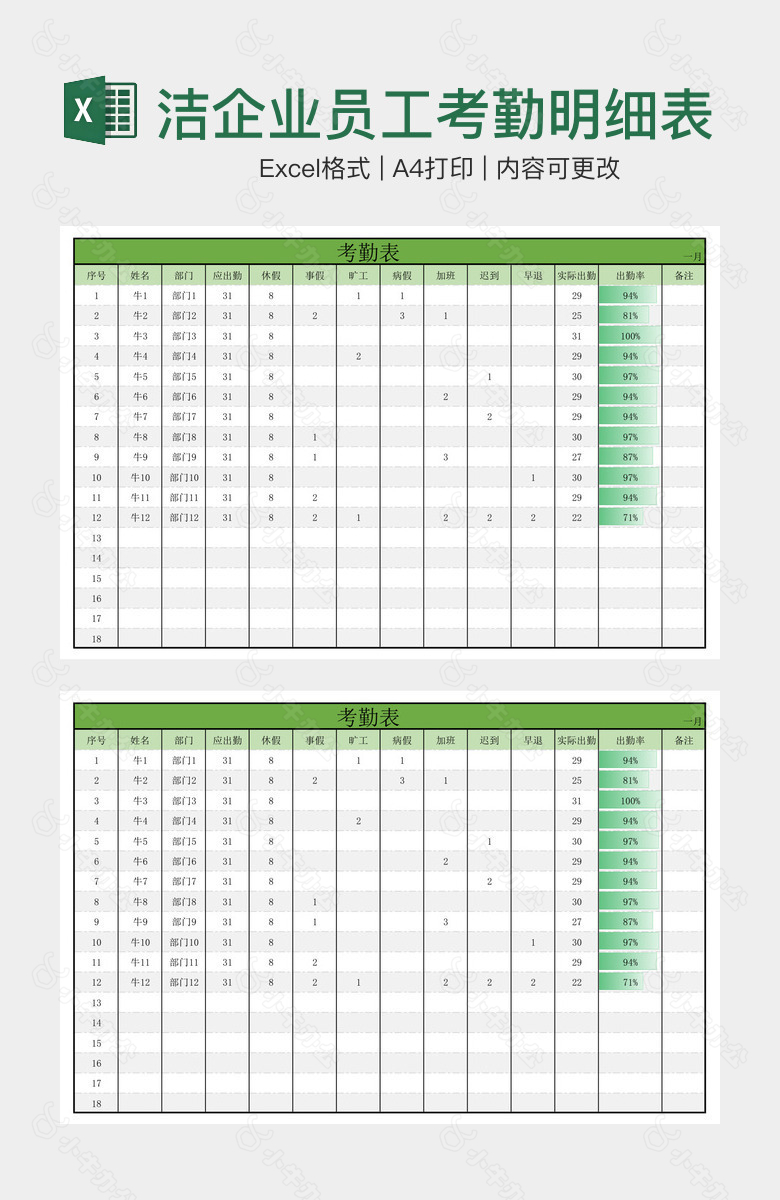 绿色实用简洁企业员工考勤明细表