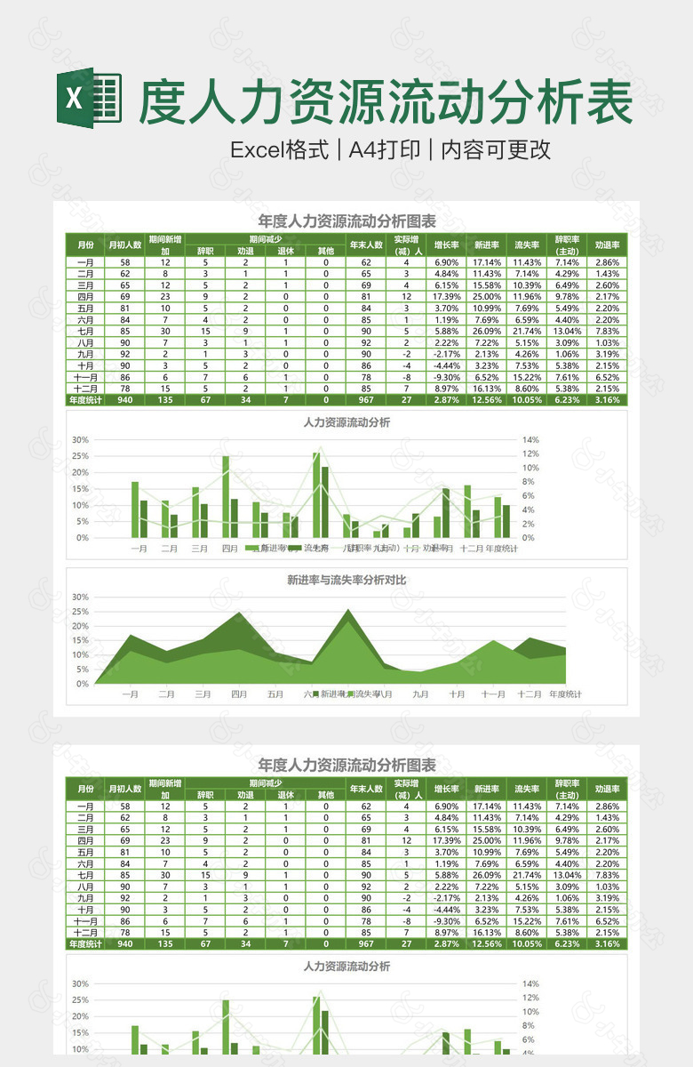 精美绿色年度人力资源流动分析表