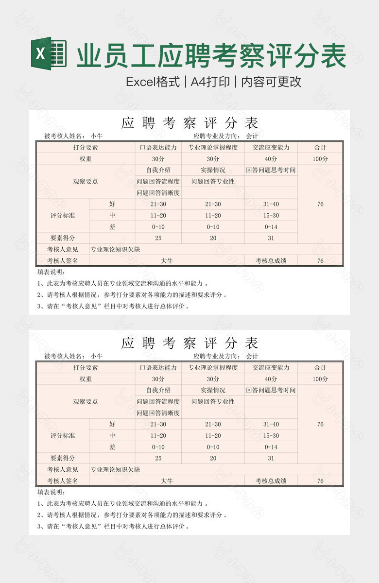 实用企业员工应聘考察评分表