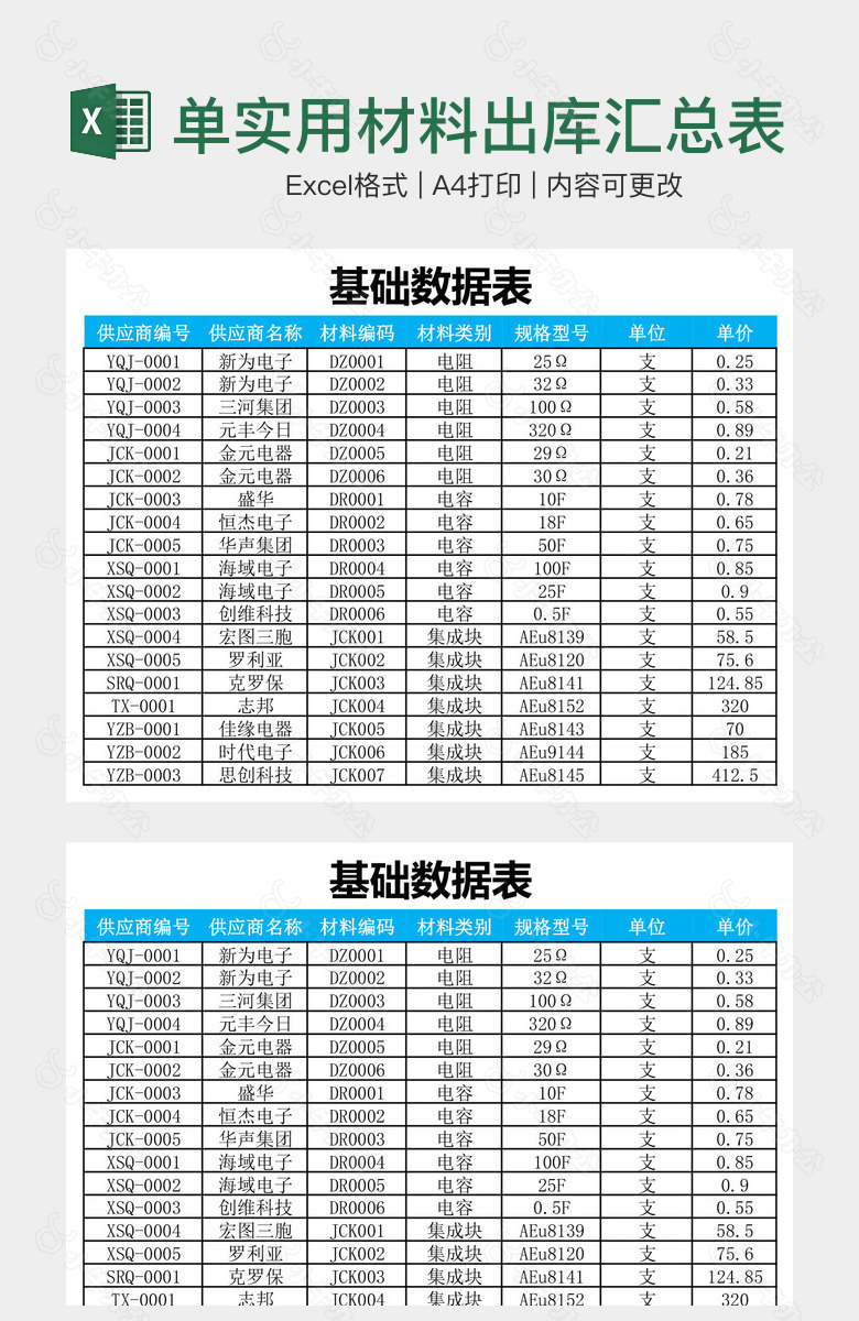 简单实用材料出库汇总表