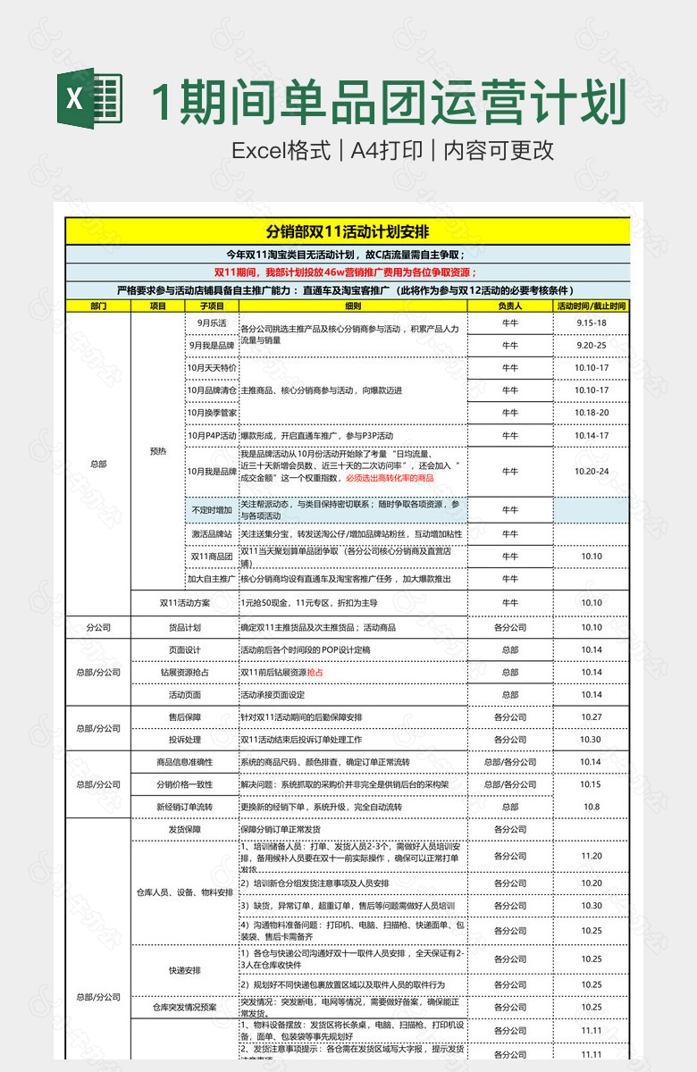 双11期间单品团运营计划