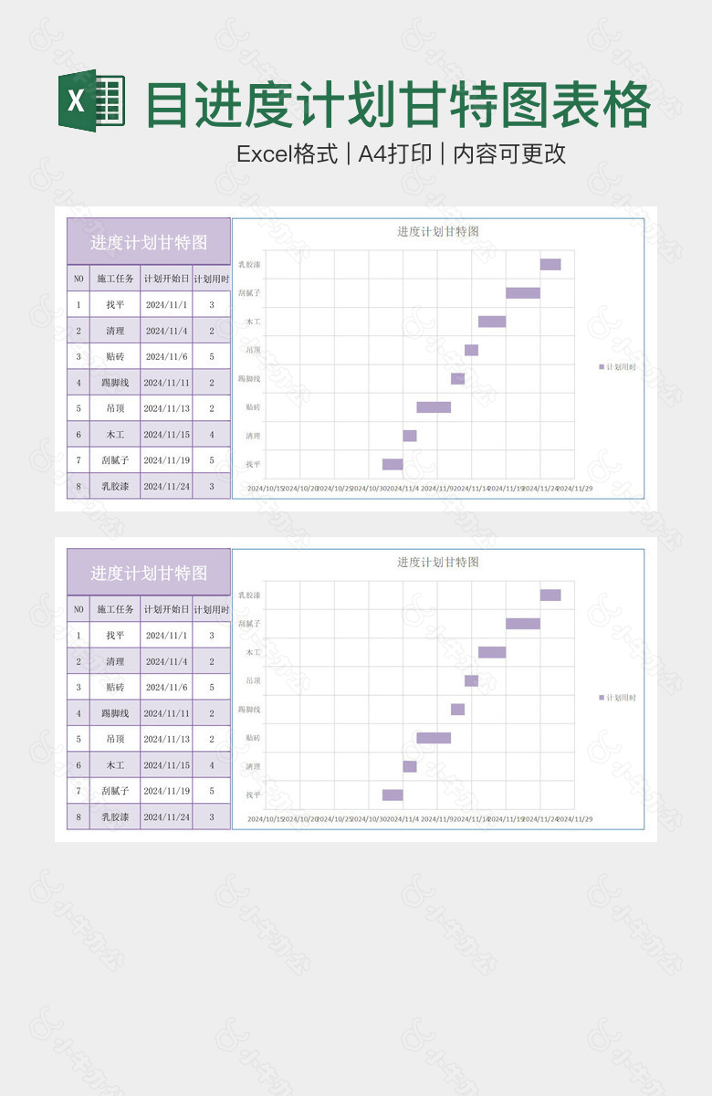 小清新项目进度计划甘特图表格