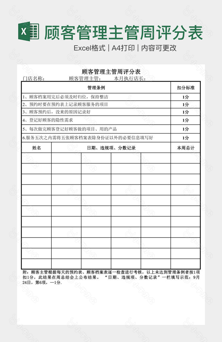 简洁大气顾客管理主管周评分表