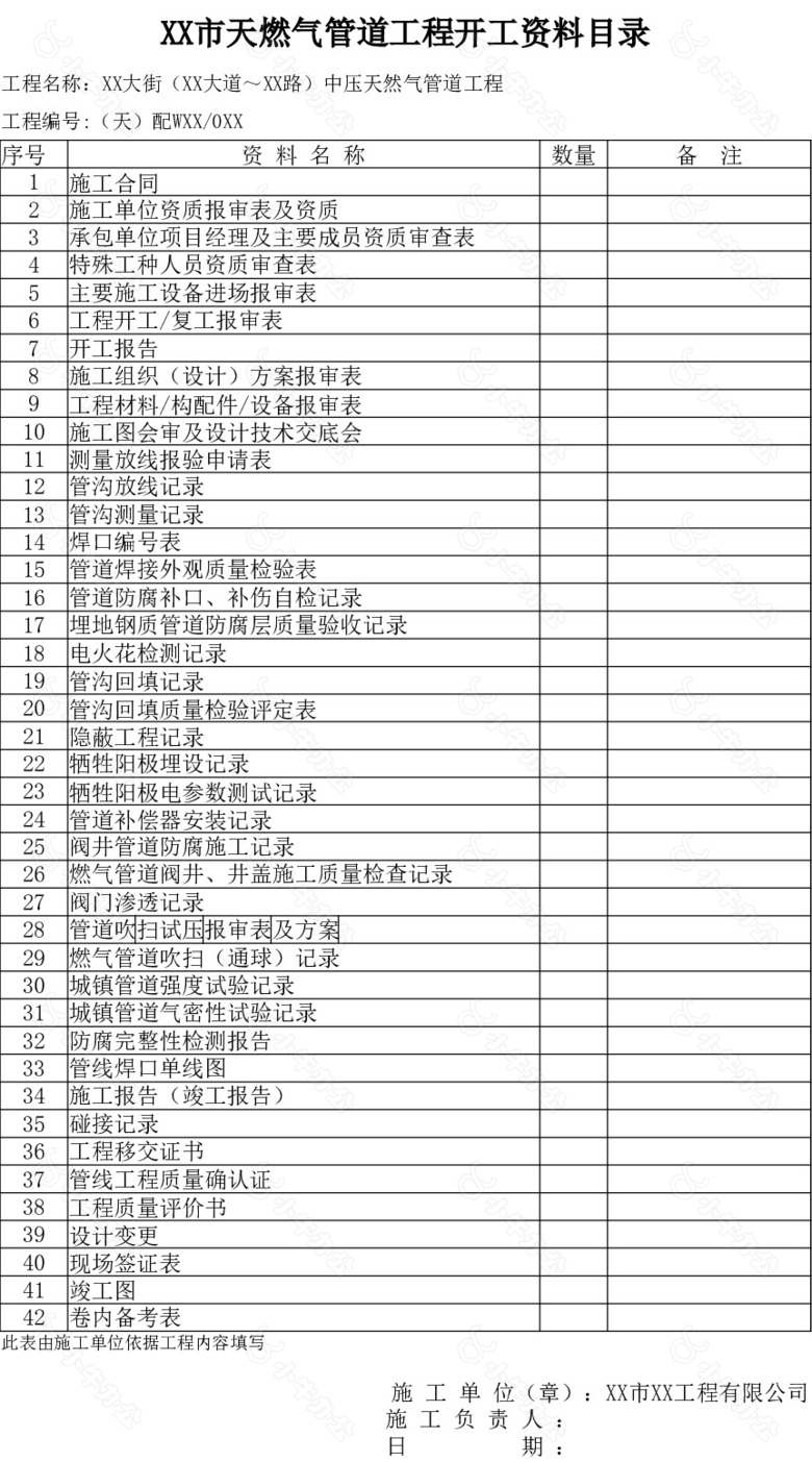 天燃气管道工程开工资料目录表格no.2