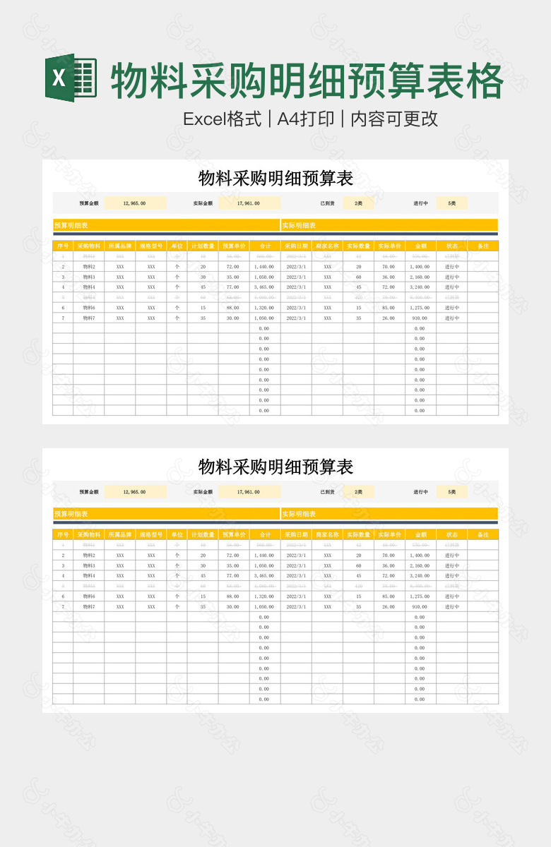 物料采购明细预算表格