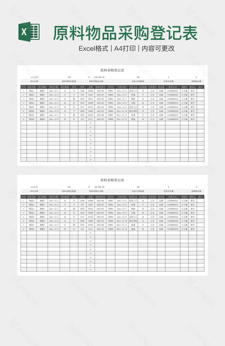 原料物品采购登记表