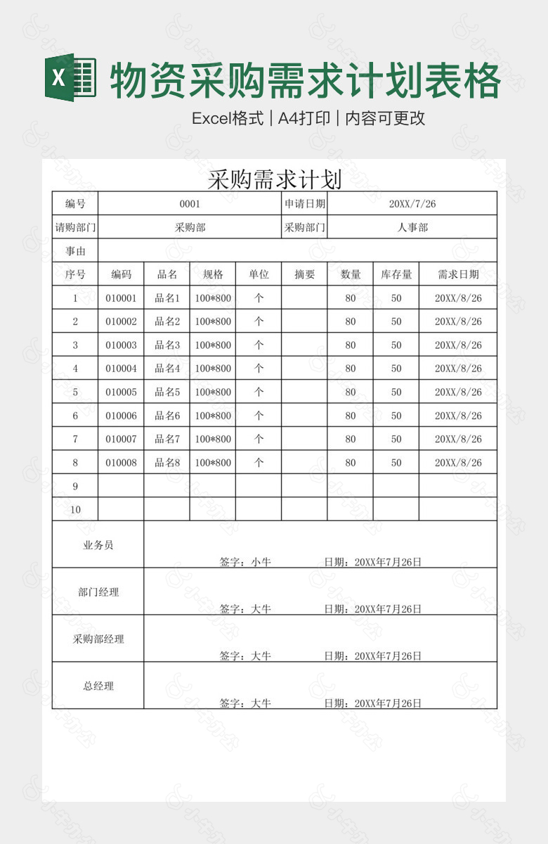 物资采购需求计划表格