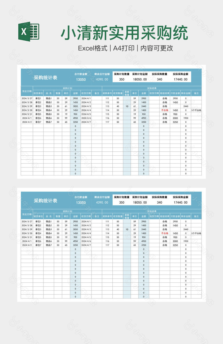 小清新实用采购统计表格