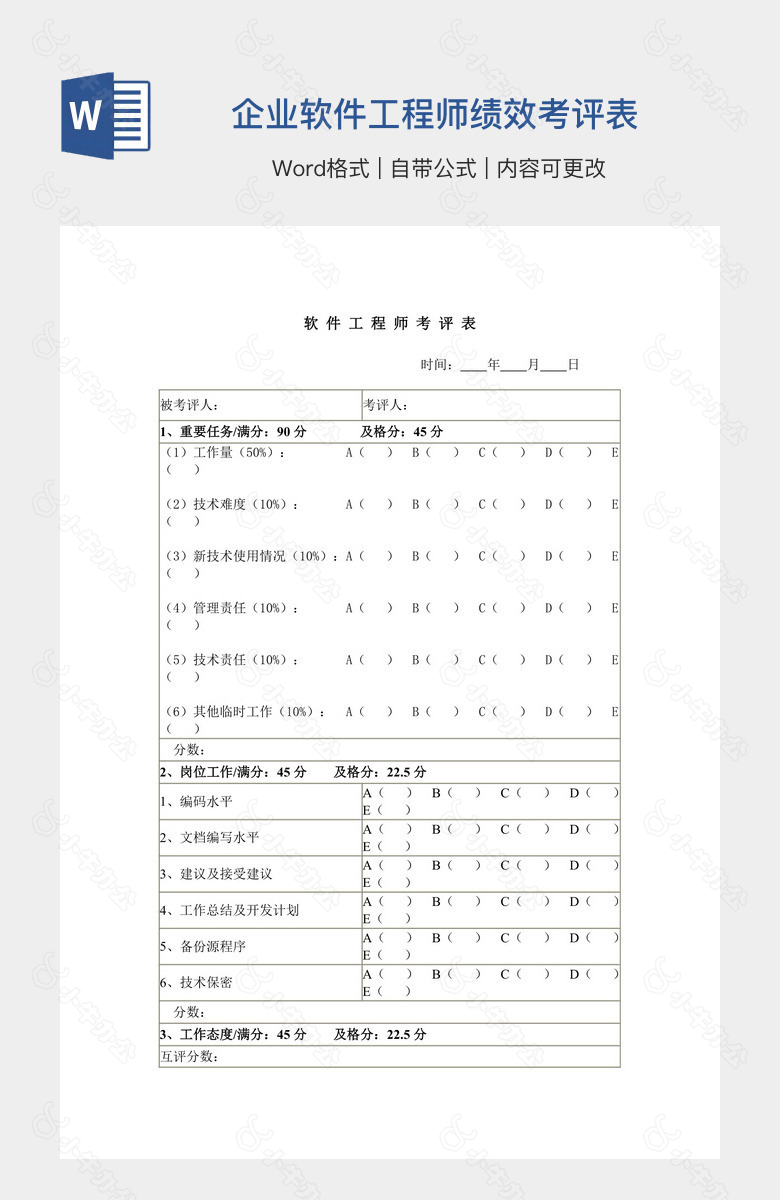 企业软件工程师绩效考评表