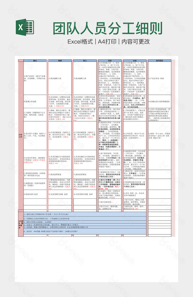 团队人员分工细则表格