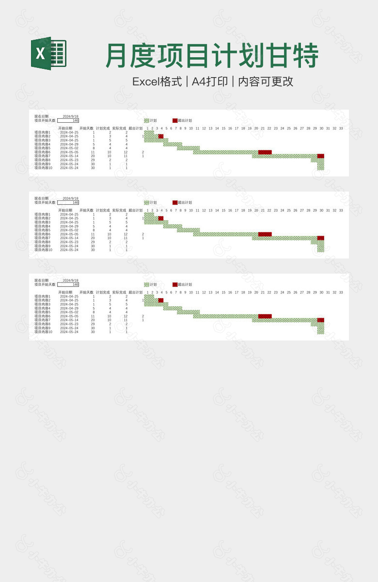 月度项目计划甘特图表格