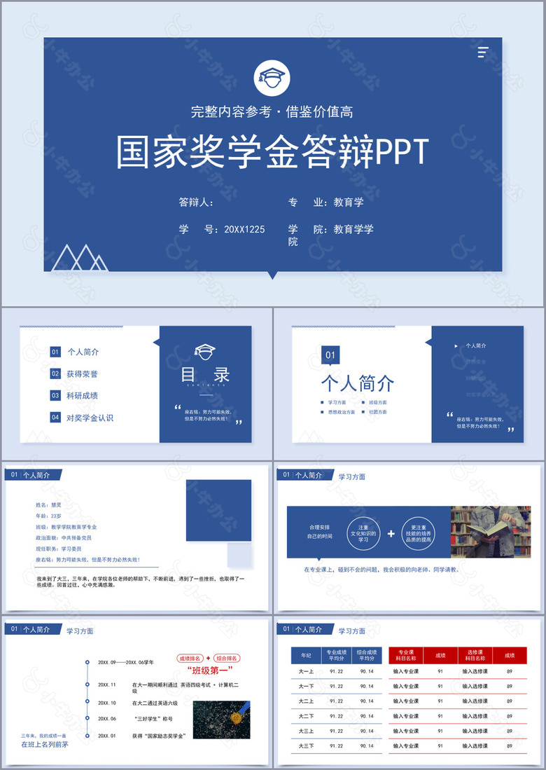 蓝色实用国家奖学金申请答辩PPT模板