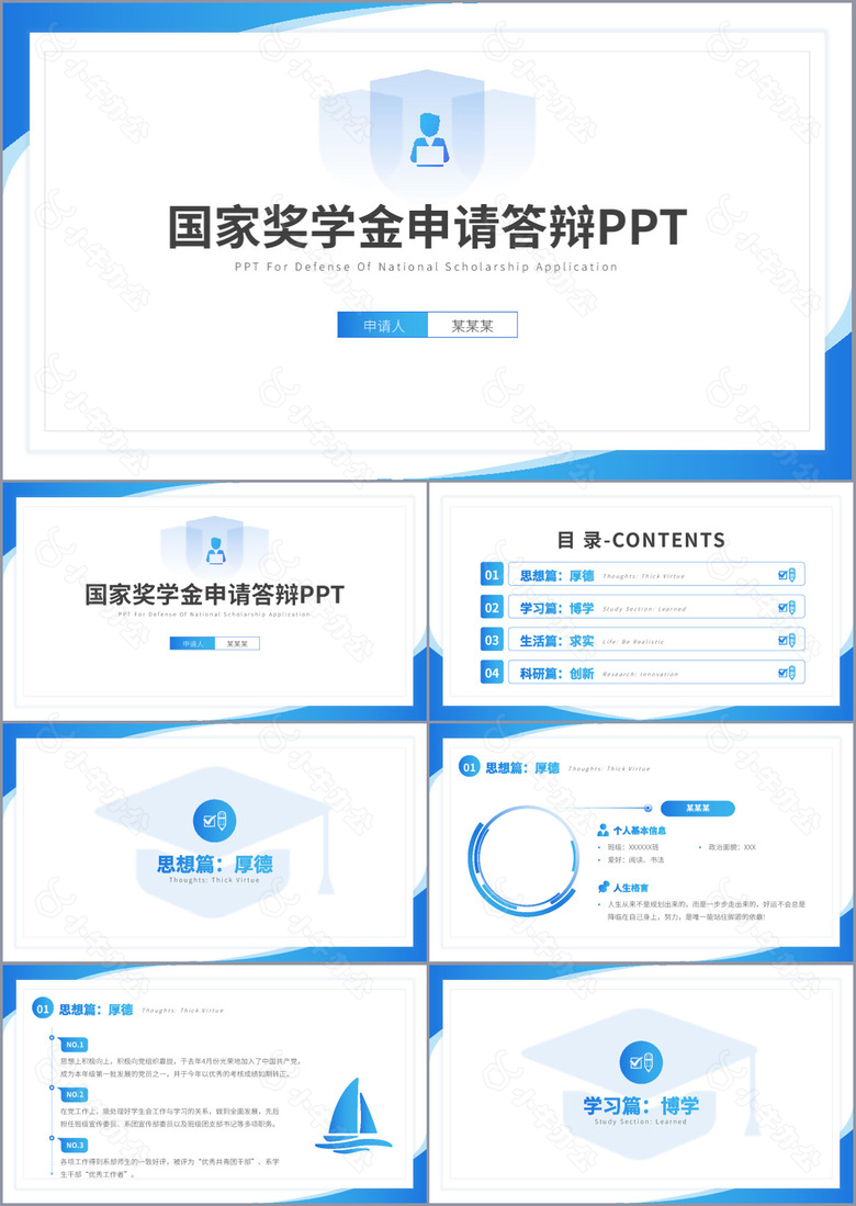 蓝色实用国家奖学金申请答辩PPT模板