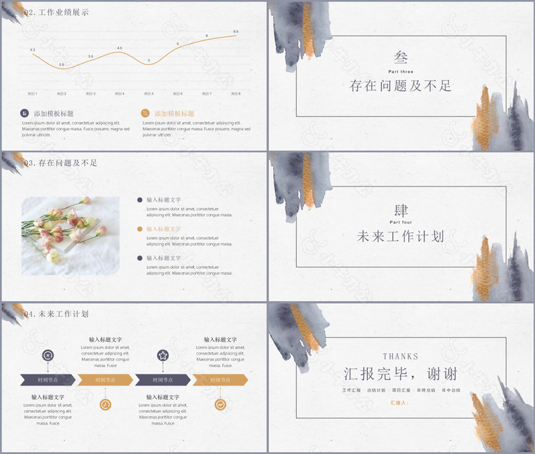 大气蓝金水彩笔刷总结计划汇报PPT模板no.2