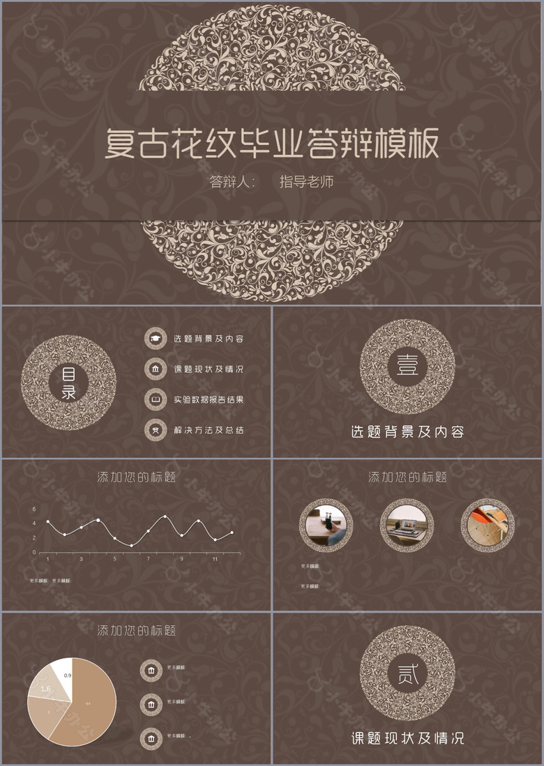 复古花纹毕业答辩学术报告PPT模板