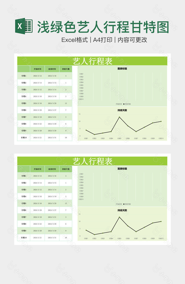 浅绿色艺人行程甘特图表格
