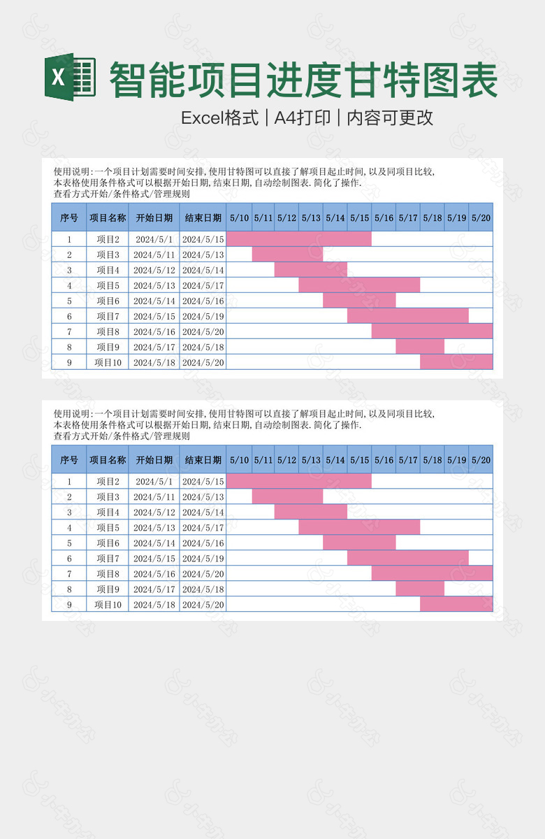 智能项目进度甘特图表格