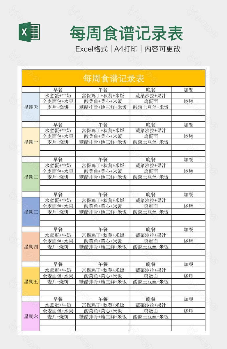 每周食谱记录表